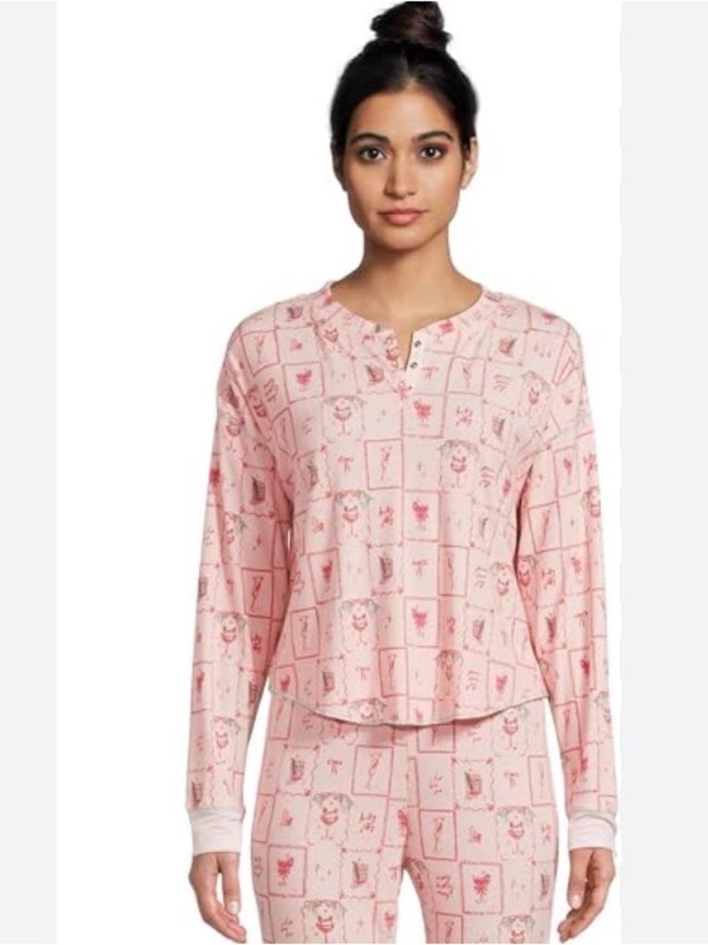 60. Honeydew • NWOT Pink Printed Long-Sleeve Pajama Top PTP 25”